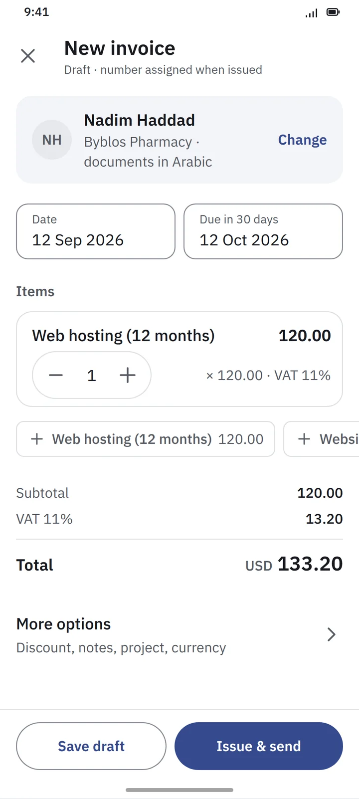 The New invoice screen: customer Nadim Haddad with documents in Arabic, date and due date, one line item for web hosting with a quantity stepper, and subtotal, VAT and a 133.20 USD total above Save draft and Issue & send buttons.