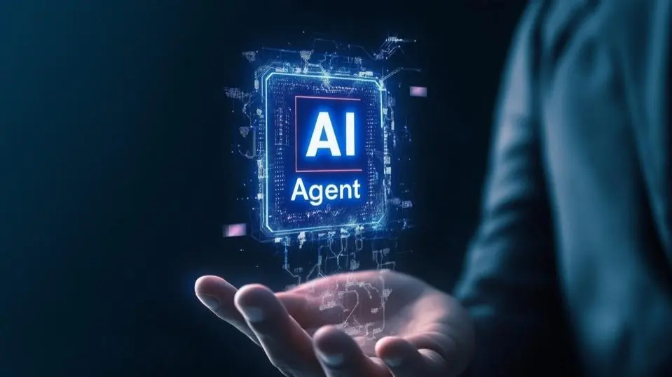 A glowing AI chip floating above an open hand, representing AI agents taking autonomous action