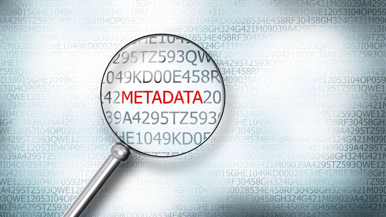 A magnifying glass over a wall of random alphanumeric codes, revealing the word METADATA in red