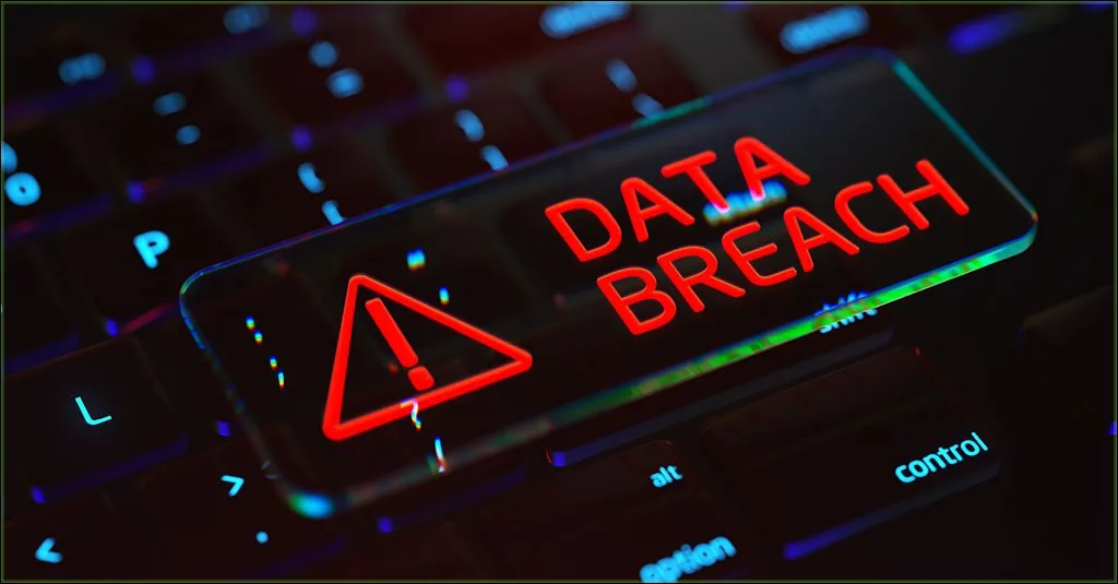 A keyboard key displaying a red warning triangle and the words DATA BREACH, representing the cybersecurity failures exposed by the Lebanon spy arrest