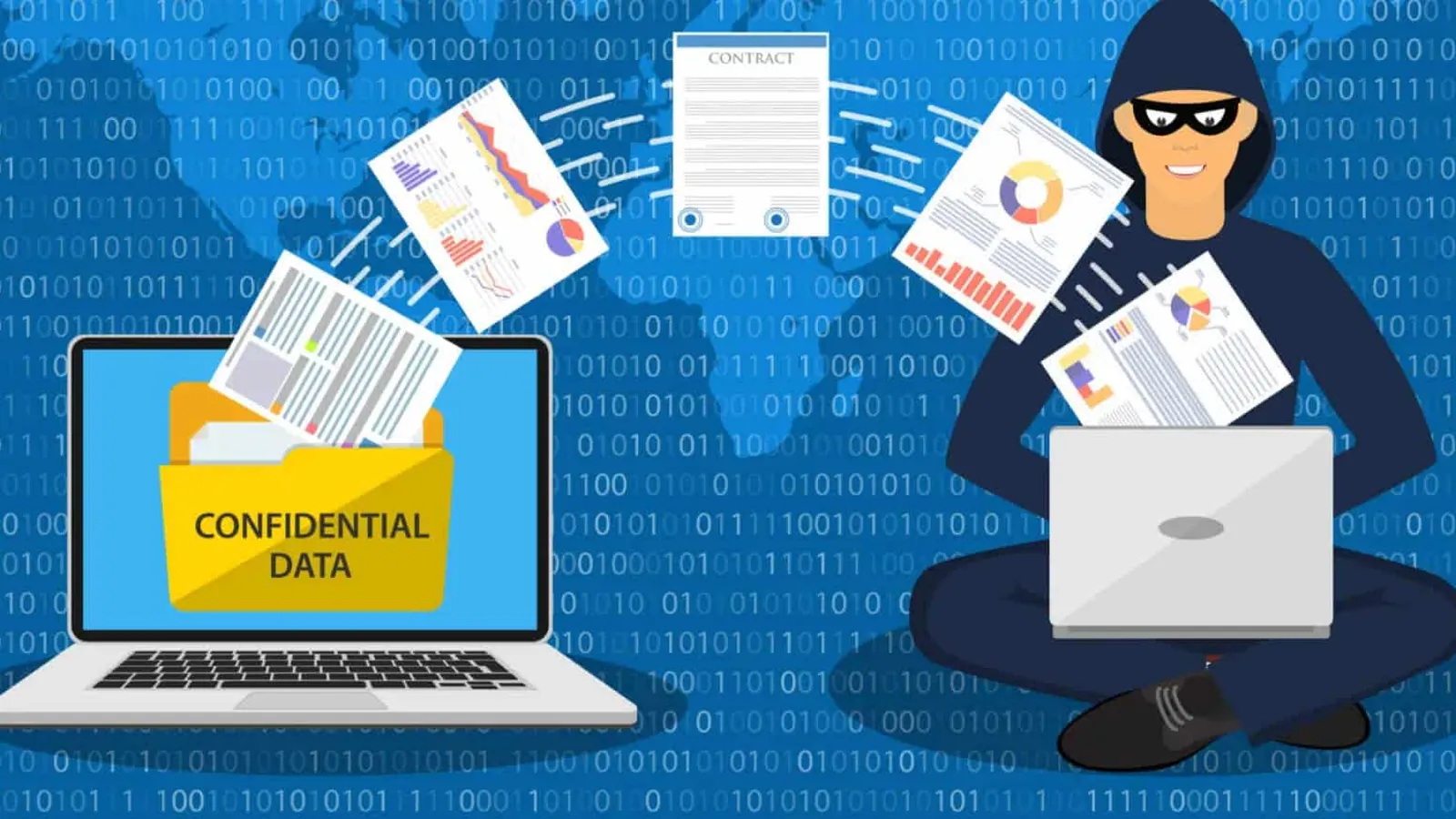 Illustration of a hooded hacker on a laptop pulling contracts, charts, and reports out of a confidential data folder on another laptop