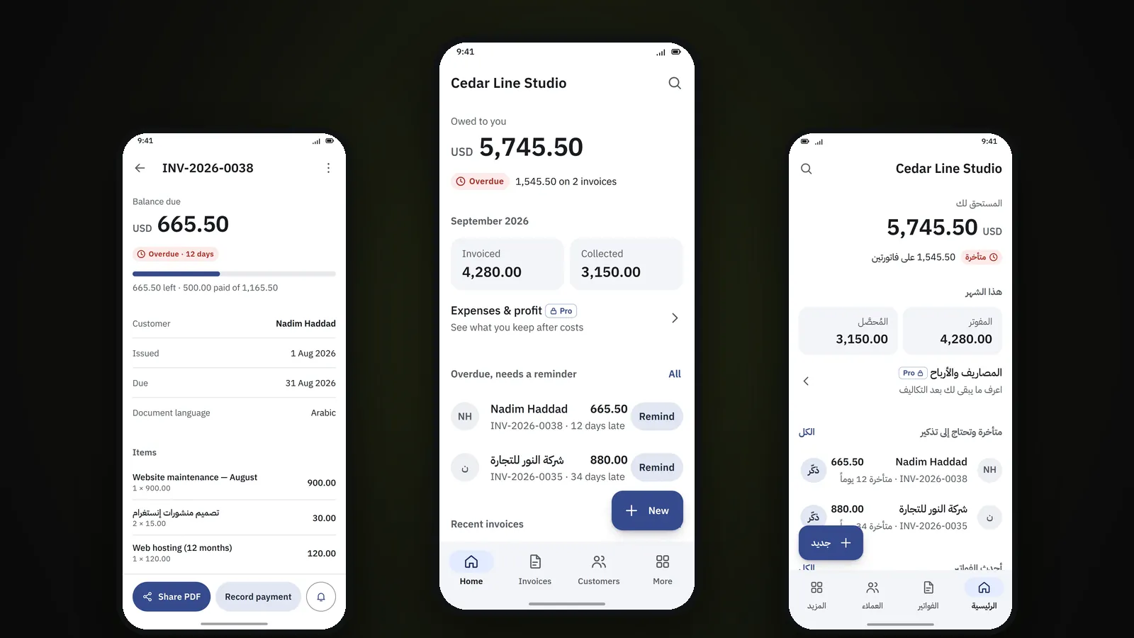 Three 3S Invoice phone screens on a dark background: an overdue invoice with 665.50 USD still due, the English home screen showing 5,745.50 USD owed and two customers to remind, and the same home screen in Arabic laid out right to left