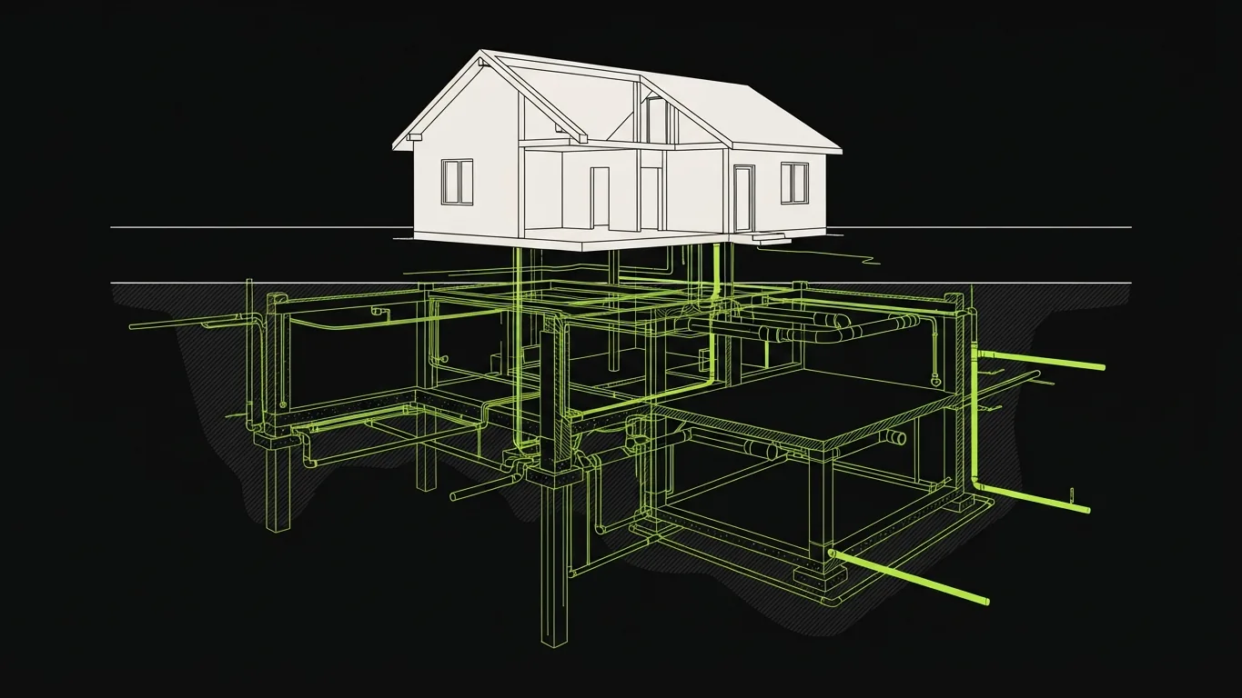 Architectural cutaway of a small house above ground, with a far larger network of foundations, pipes and wiring spreading out beneath it