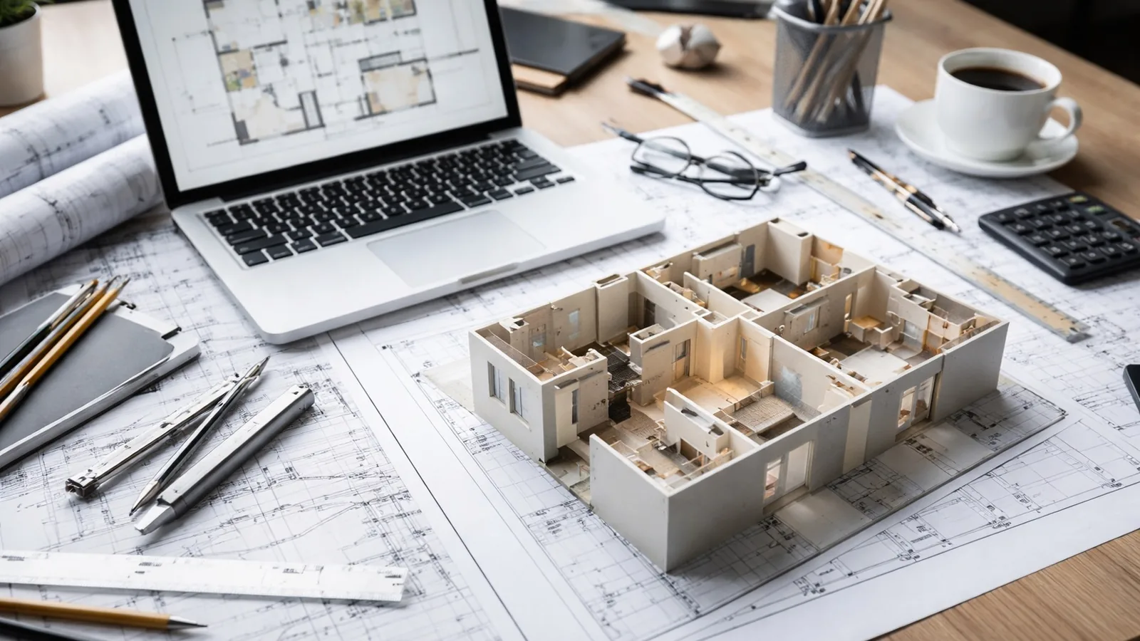 An architectural design desk with blueprints, a 3D floor plan model, drawing tools, and a laptop — a metaphor for the craft and cost of design work