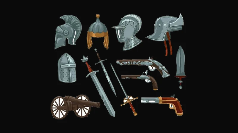 Illustrated medieval helmets, swords, daggers, pistols and a cannon arranged like the contents of an armory