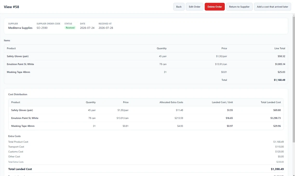 A received purchase order with its cost distribution table: transport and customs costs allocated across each product line, showing the landed cost per unit next to the original invoice price.